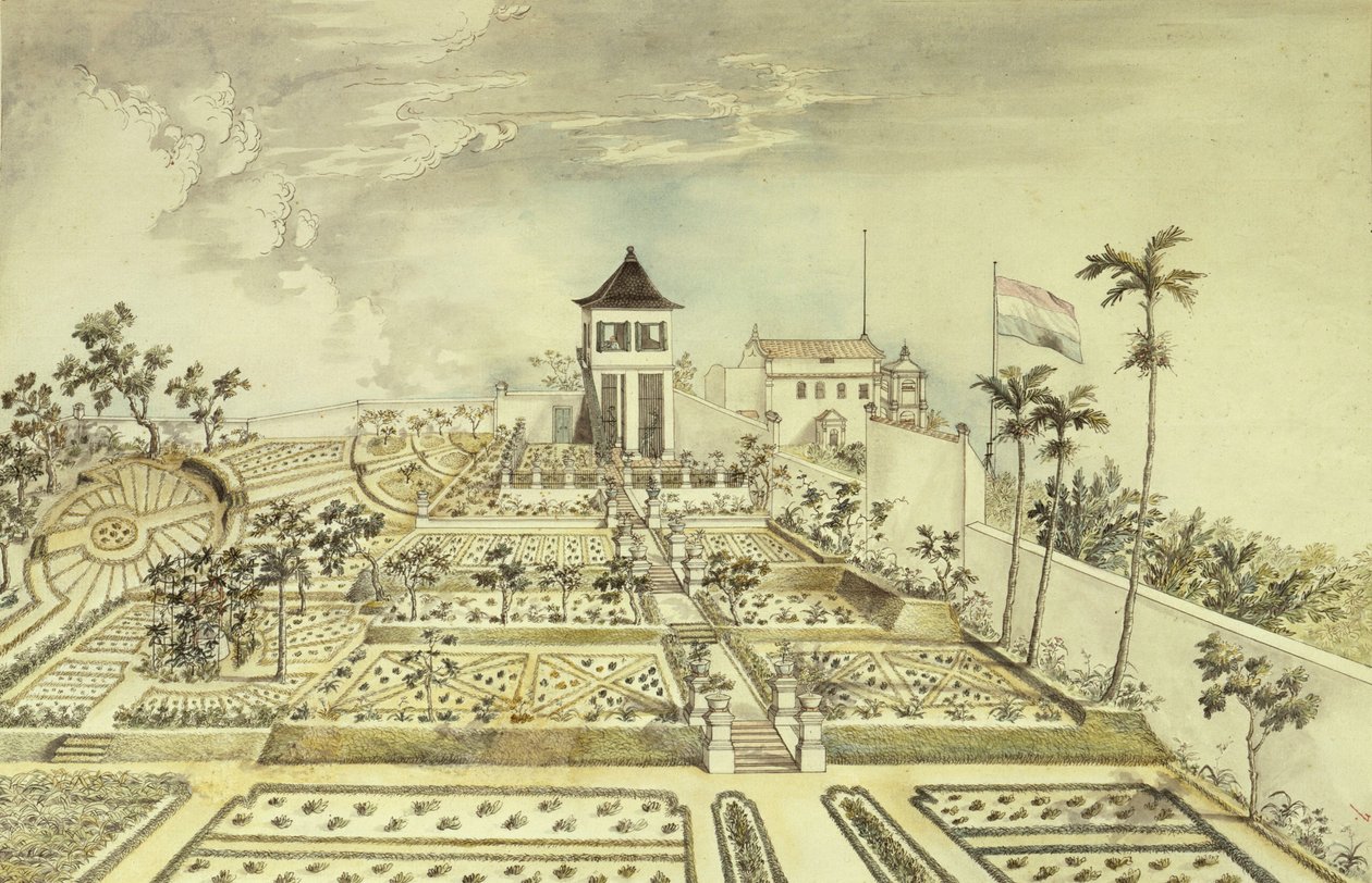 Dutch house with enclosed garden in Java Island, Indonesia, engraving بواسطة غير معروف غير معروف