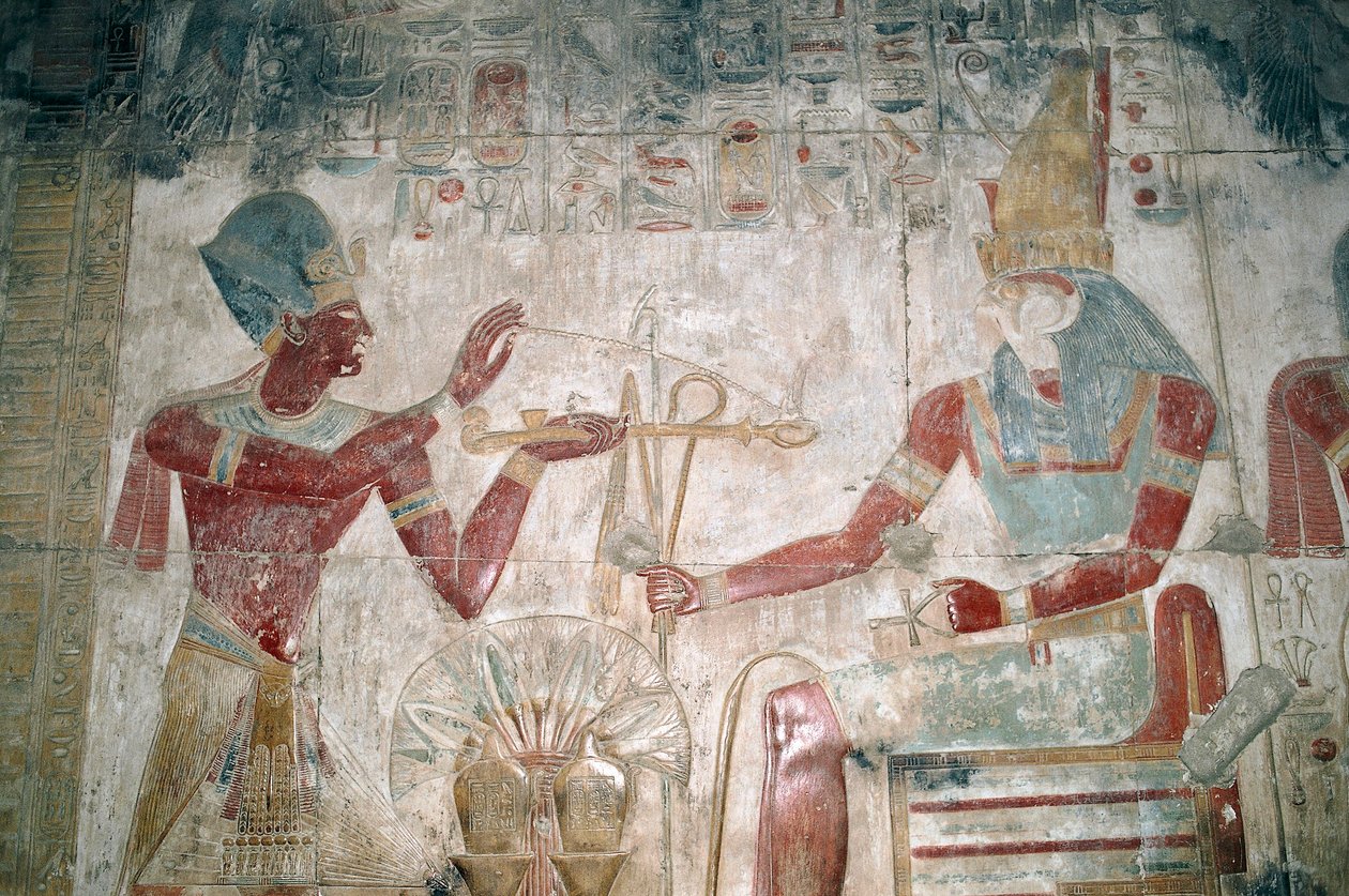 Egypt, Abydos, Temple of pharaoh Seti I, Osiris chapel. Detail, painted relief, New Kingdom, Dynasty XIX بواسطة غير معروف غير معروف