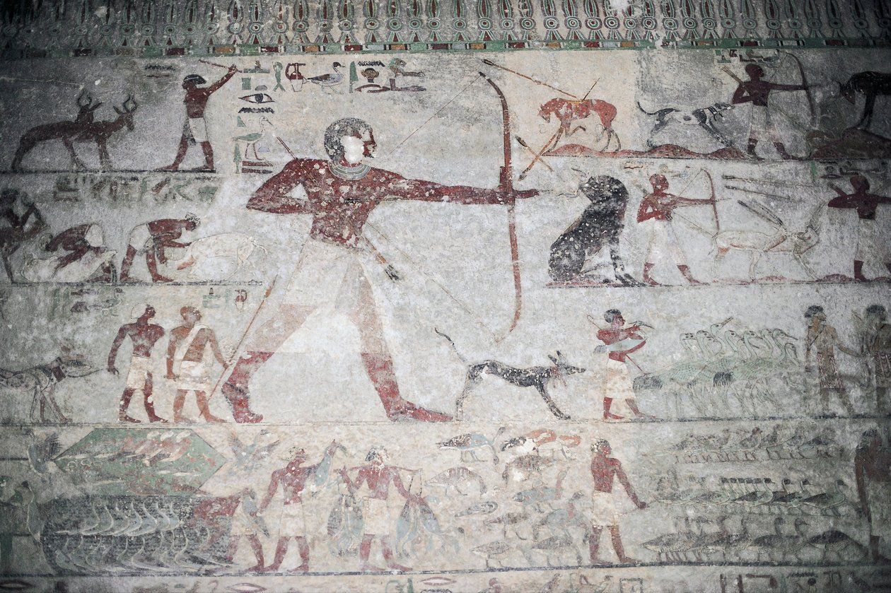 Egypt, Necropolis of Beni Hasan, Tomb of Khnumhotep III, mural painting depicting hunting scene بواسطة غير معروف غير معروف