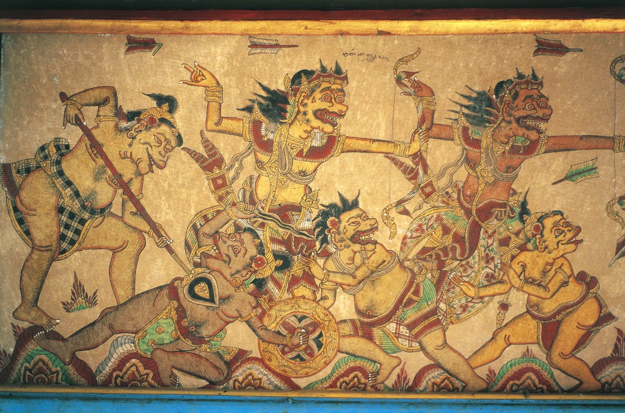 Frescoes depicting scenes of battles between gods and demons, Kertha Gosa pavilion, Klungkung Palace (Puri Agung Semarapura), Semarapura, Bali, Indonesia بواسطة غير معروف غير معروف