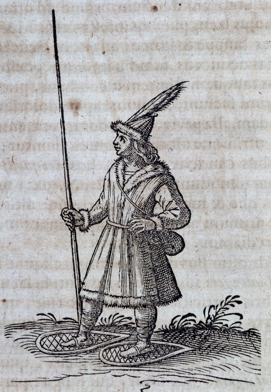ساكن في كندا (فرنسا كنديان) بأحذية ثلجية ، رسم توضيحي من وصف de la Nouvelle France بواسطة غير معروف غير معروف