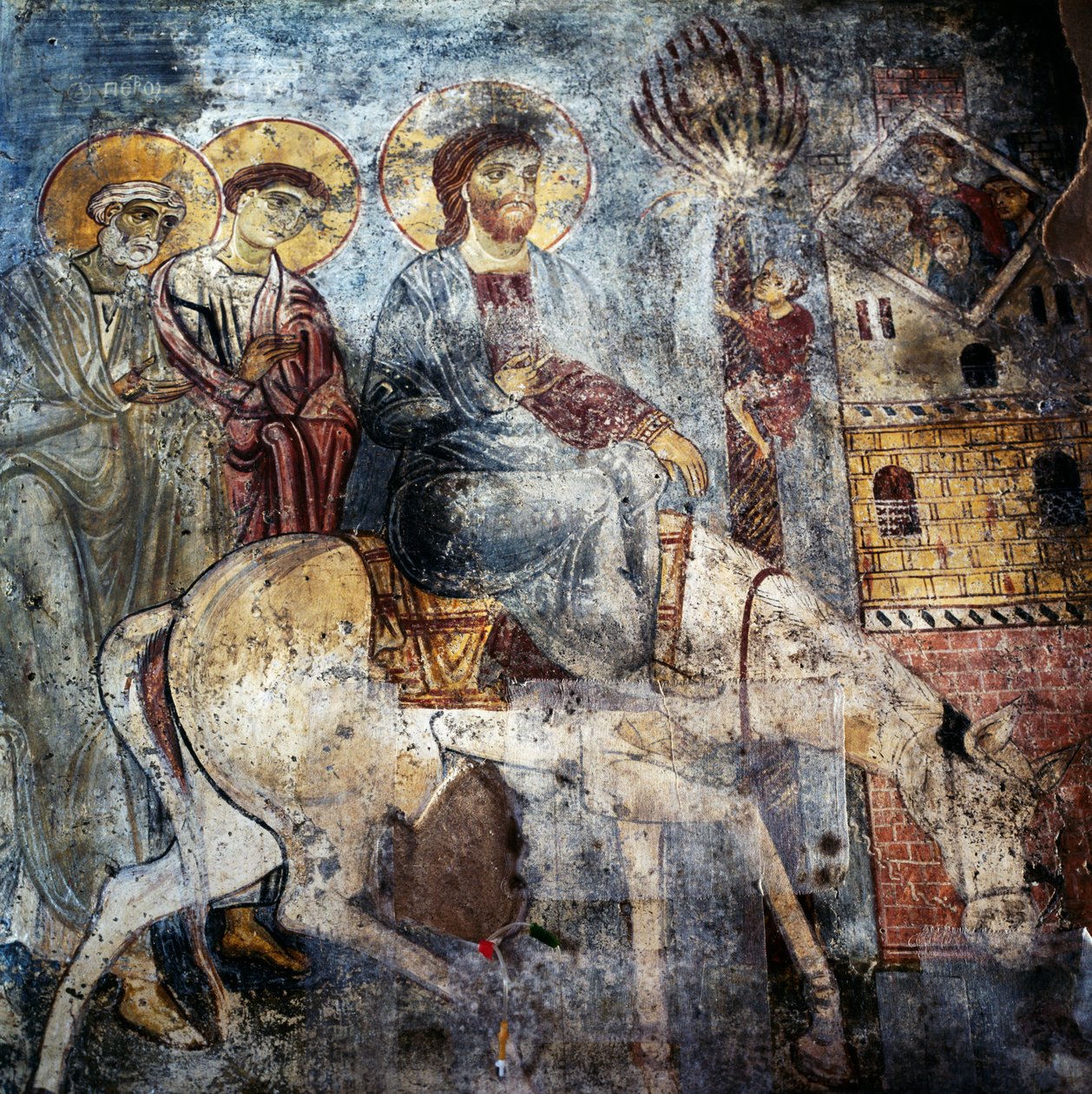 Jesus entering Jerusalem on donkey, frescoes inside the monastery of Panagia Antifonitria, Myriokefala, Crete, Greece (photo) بواسطة غير معروف غير معروف