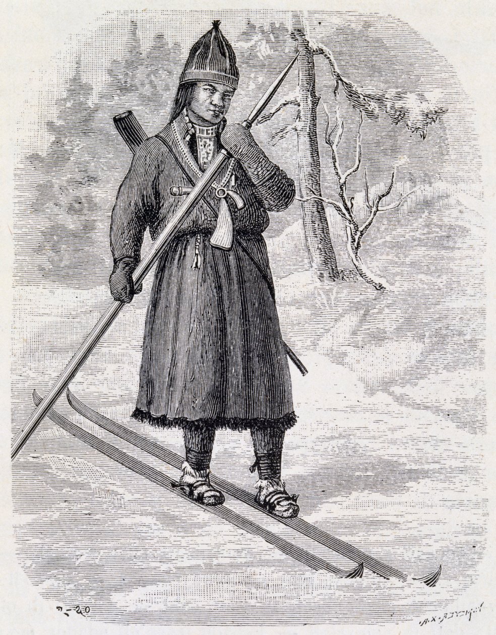 Lars Tuorda, Lappish athlete winning cross-country skiing competition organized in 1884 by Adolf Erick Nordenskjold, Indian ink drawing بواسطة غير معروف غير معروف