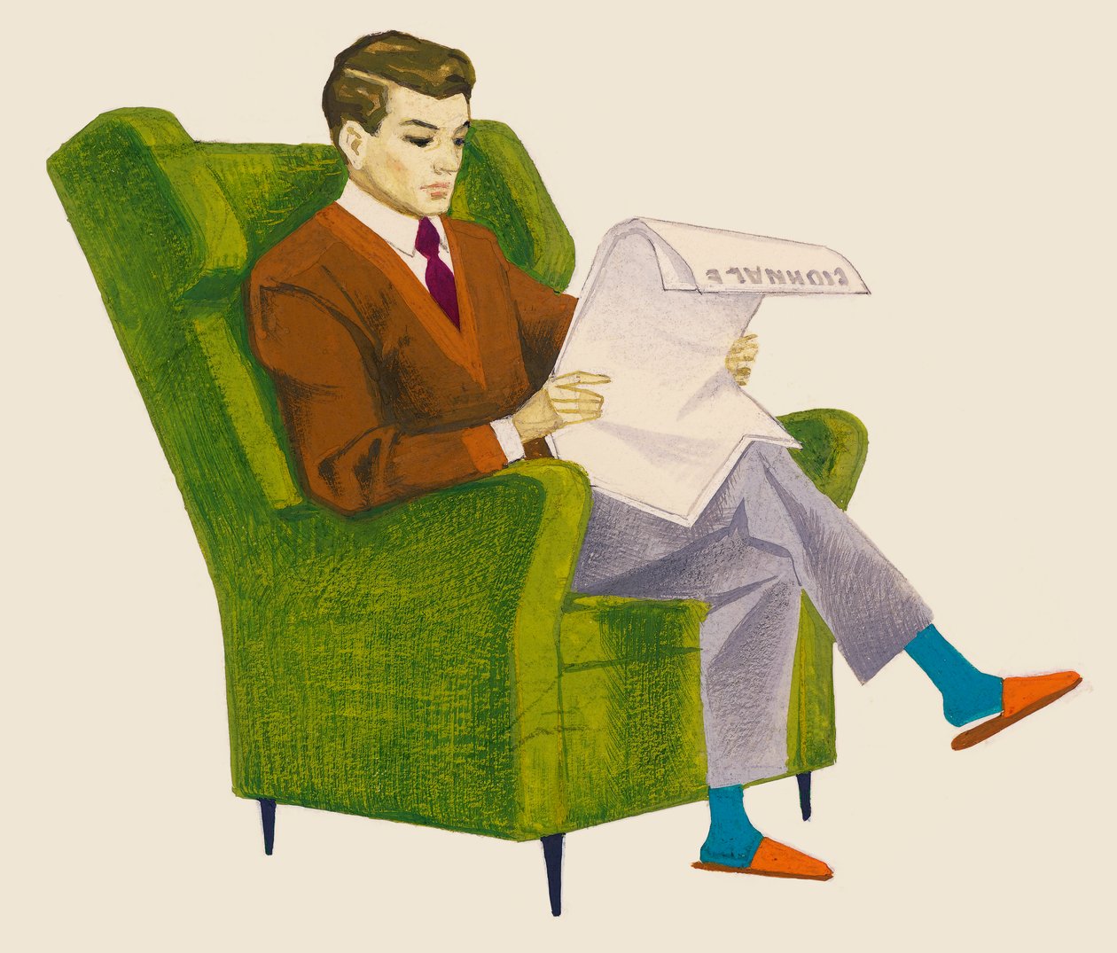 Man reading newspaper while sitting in armchair, drawing بواسطة غير معروف غير معروف