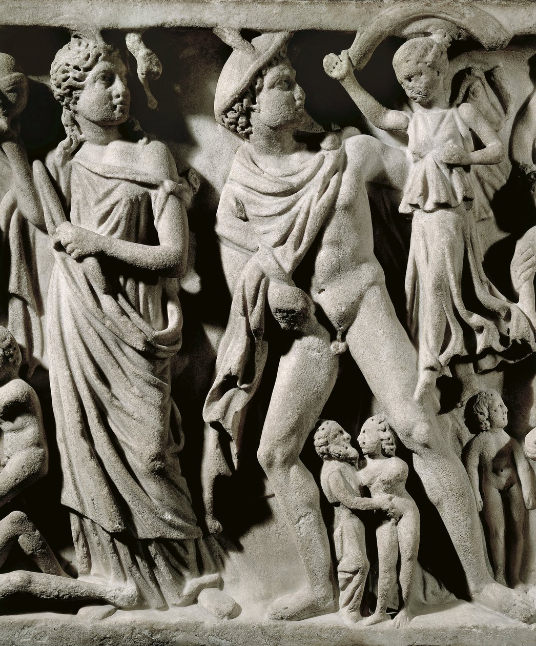 Marble sarcophagus, Relief depicting Prometheus myth, Detail, Hermes and one of the Parcae or Fates, From Arles بواسطة غير معروف غير معروف