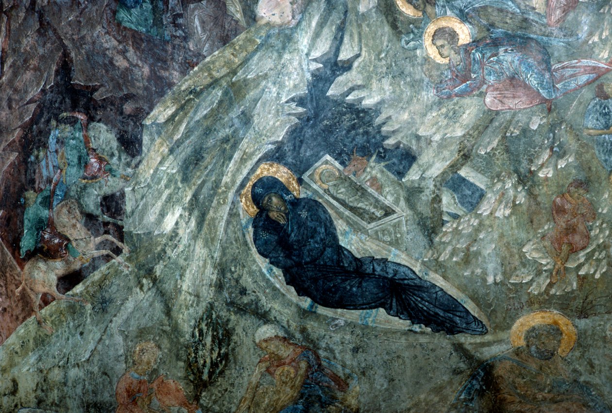 Nativity, fresco in the monastery of Panagia Perivleptos, Byzantine city of Mystras (UNESCO World Heritage List بواسطة غير معروف غير معروف