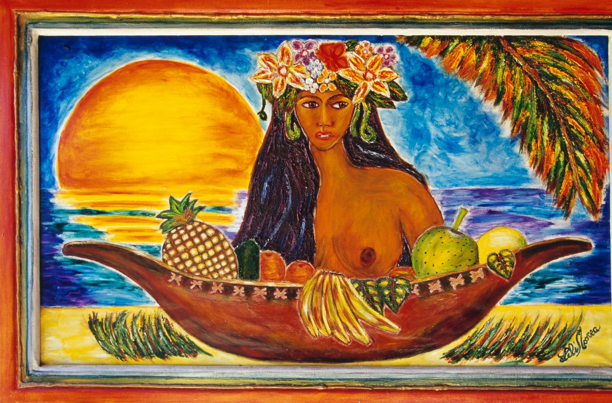 Painted glass depicting Polynesian woman, island of Moorea, Society Islands, French Polynesia (overseas territory of French Republic), detail بواسطة غير معروف غير معروف