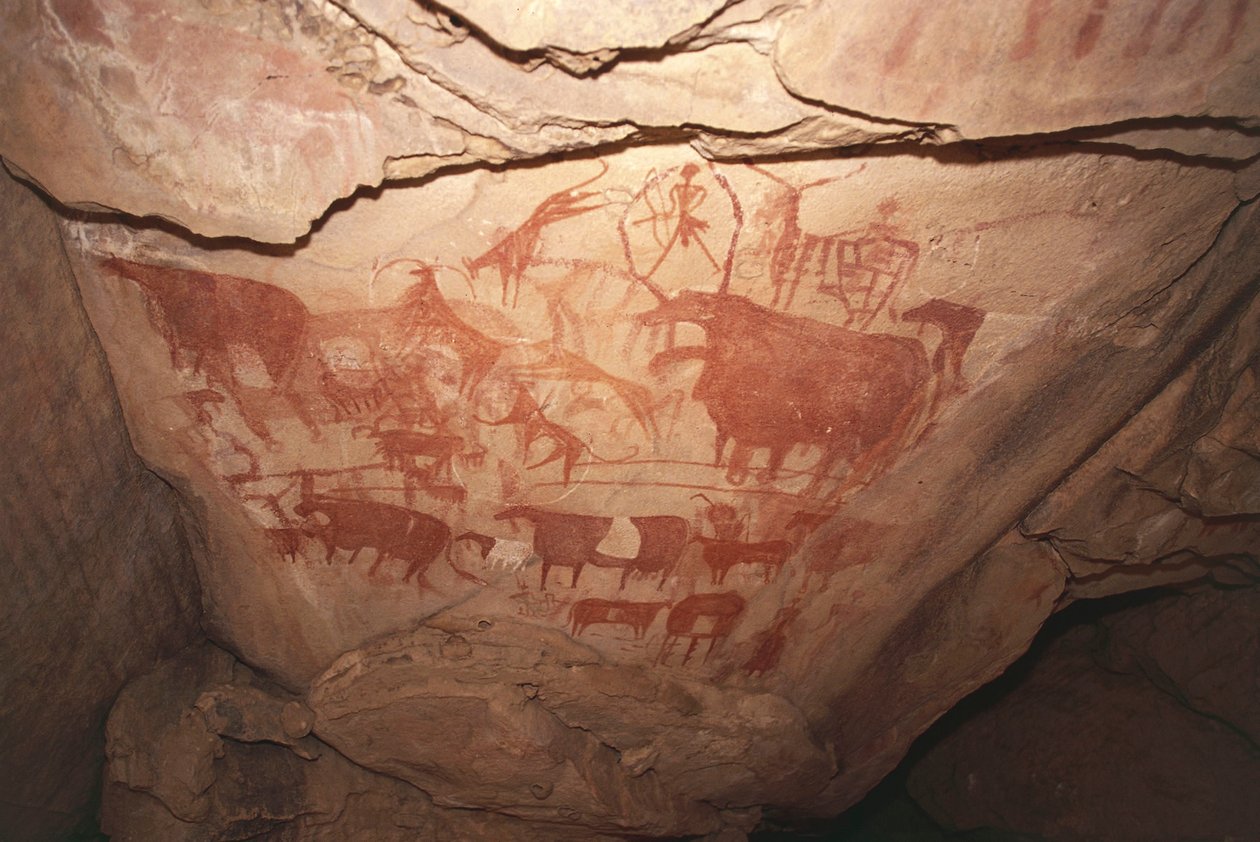Painting depicting hunting scenes, Saharan rock art, Enneri Tougwi, Tibesti, Chad بواسطة غير معروف غير معروف