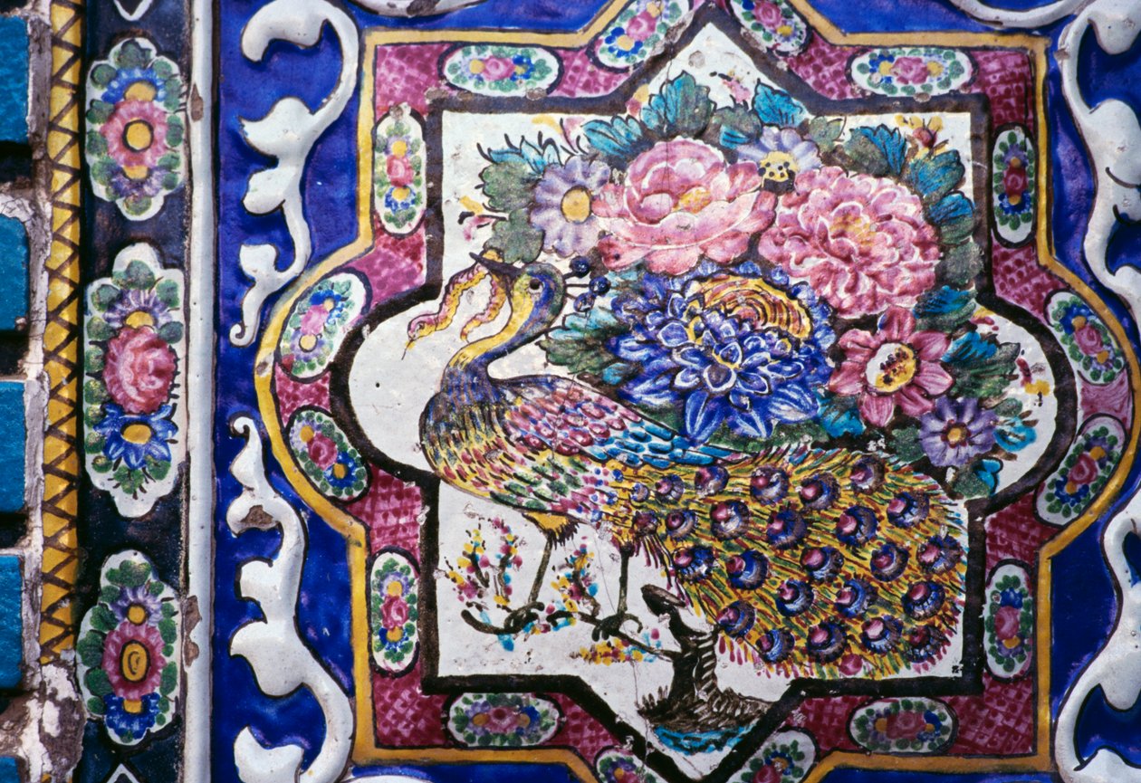 Peacock and flowers, polychrome tile decoration in Tekyeh Mo
