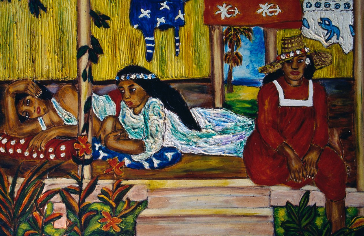 Polynesian women, stained glass window, Moorea Island, Society Islands, French Polynesia, overseas territory of French Republic بواسطة غير معروف غير معروف