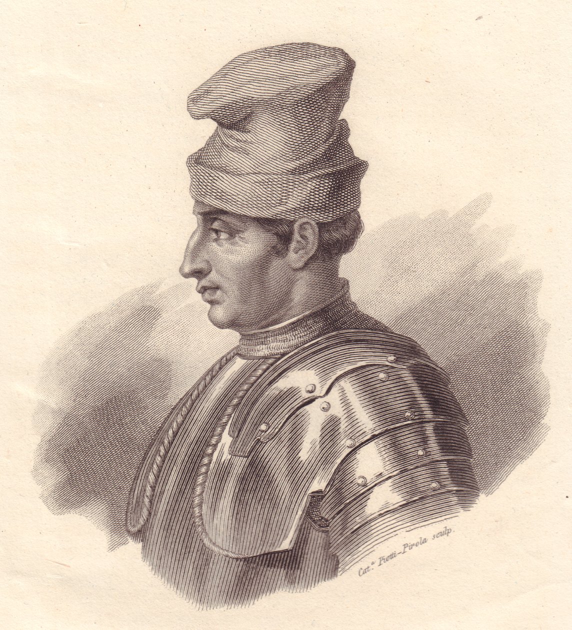 صورة للقائد العسكري الإيطالي نيكولو فورتبراتشيو المعروف أيضًا باسم ديلا ستيلا (1389-1435) ، نقش على النحاس بواسطة كاترينا بيوتي بيرولا بواسطة غير معروف غير معروف