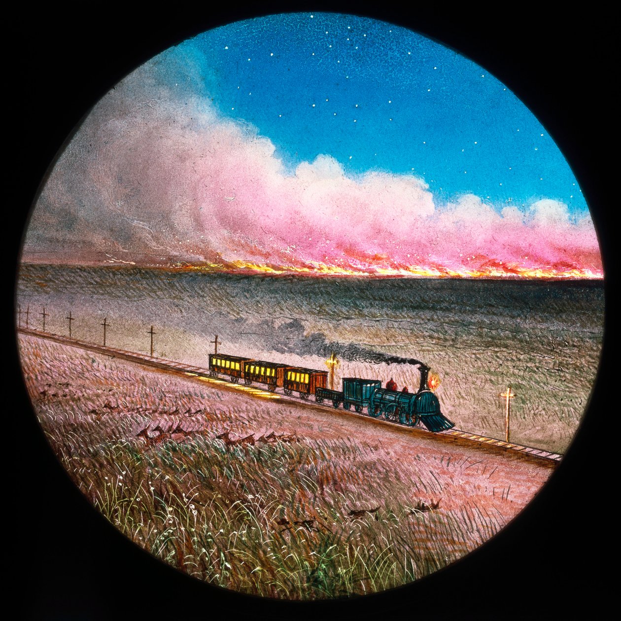 Prairie on fire with train, hand-coloured magic lantern slide بواسطة غير معروف غير معروف