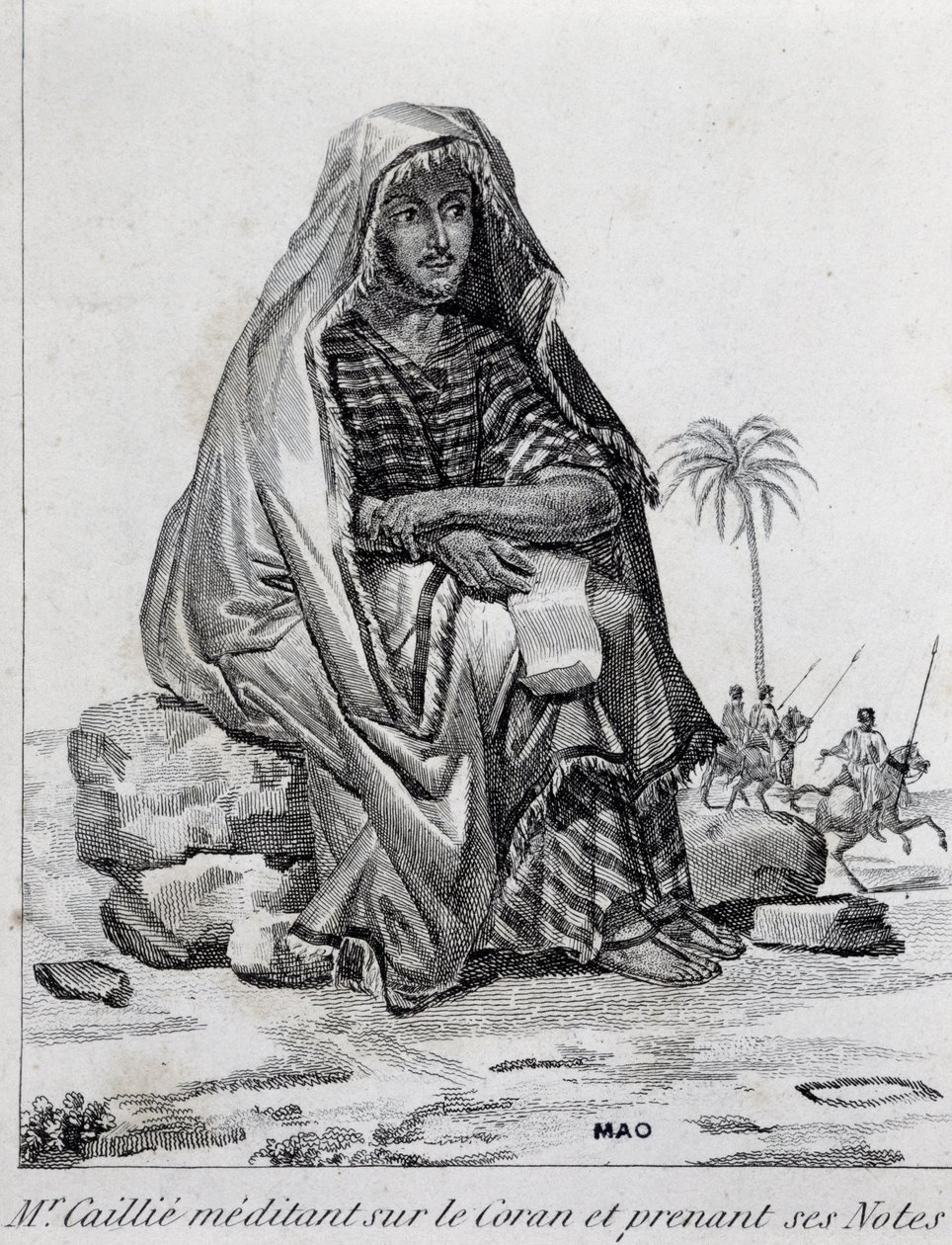 Rene Caillie (1799-1838), explorer wearing Arab clothes, meditating on the Qur
