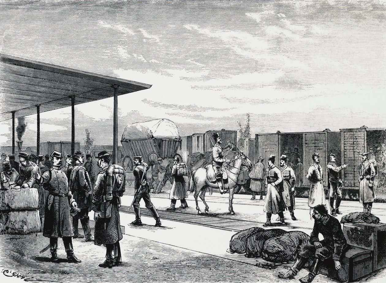 Russian military convoy in Bustiu station, on Bucharest-Galati railroad, Russian-Turkish war, engraving, Romania بواسطة غير معروف غير معروف