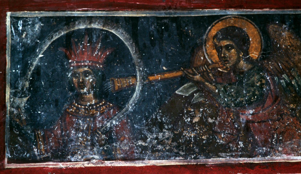 Saint playing the horn, fresco in the Church of Agios Ioannis Prodromos, Margarites, Crete, Greece (photo) بواسطة غير معروف غير معروف