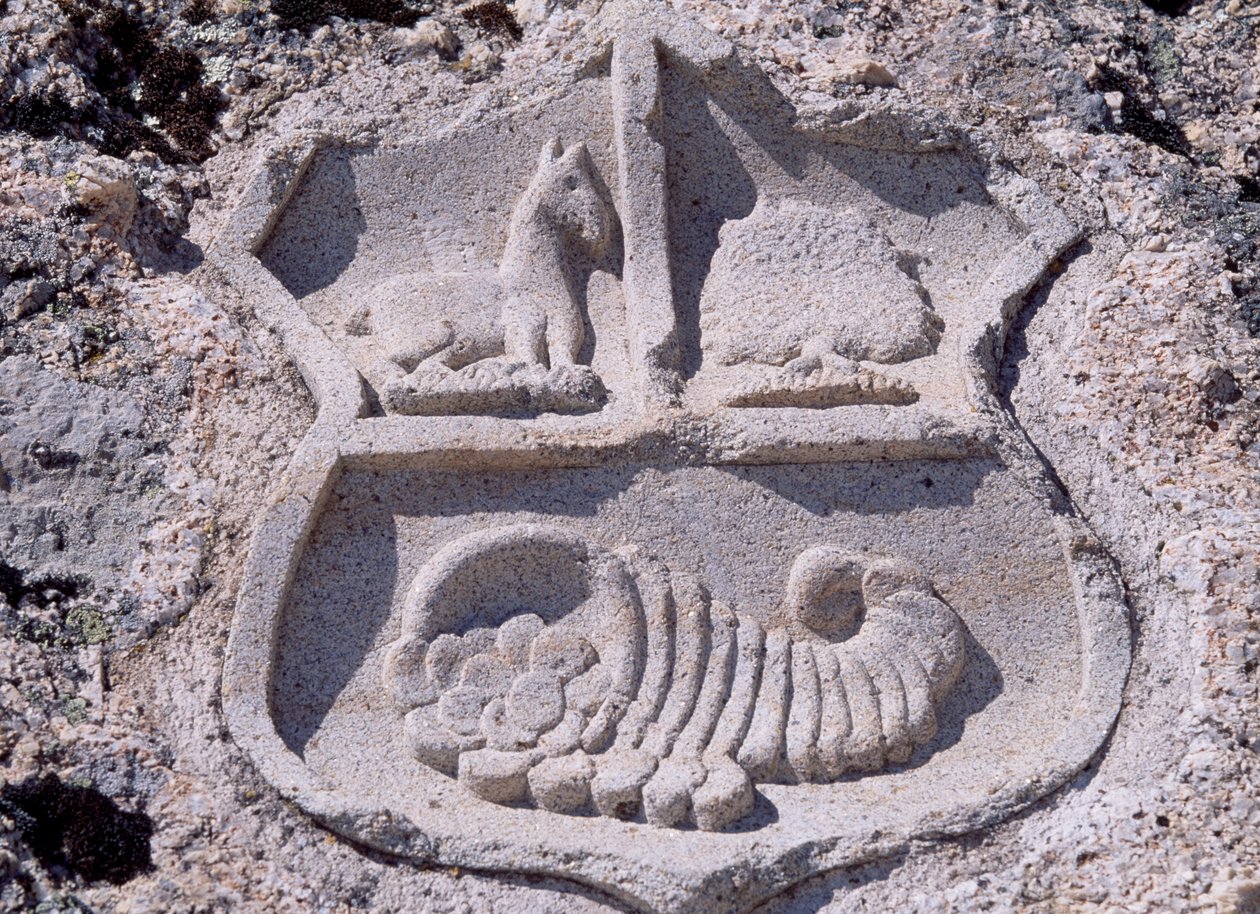 Spain, Castile and Leon, Mombeltran, Castle of the Dukes of Albuquerque, Architectural detail showing coat of arms بواسطة غير معروف غير معروف