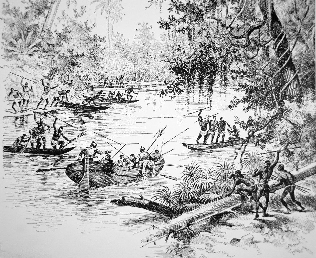 Spanish Conquistadors attacked by natives in South America (litho) بواسطة غير معروف غير معروف