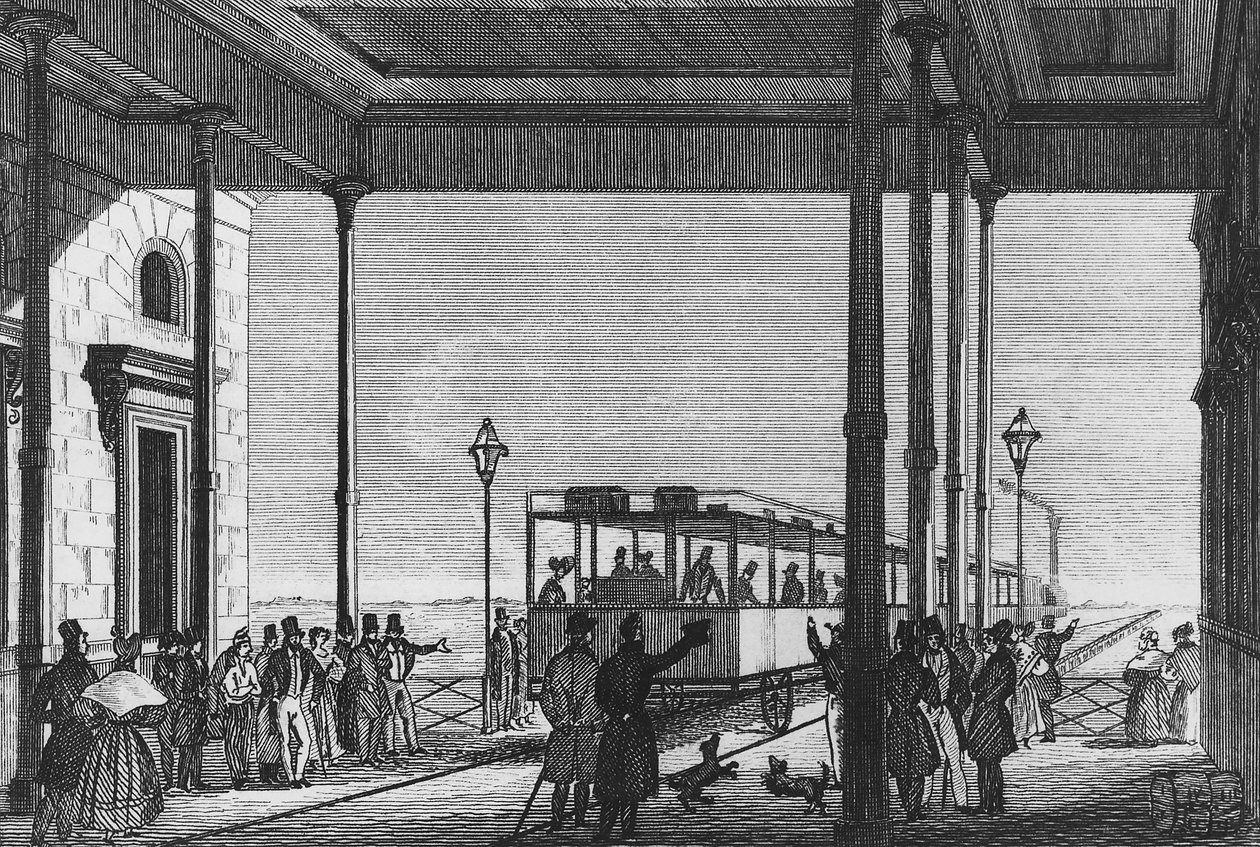 Train leaving Venezia Santa Lucia railway station, Venice, Italy, engraving بواسطة غير معروف غير معروف