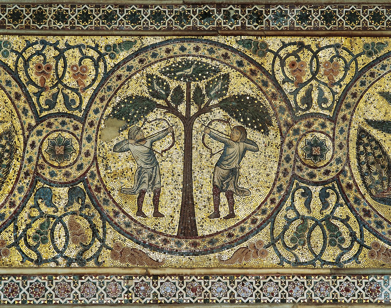 Two hunters with bows, detail from mosaic بواسطة غير معروف غير معروف