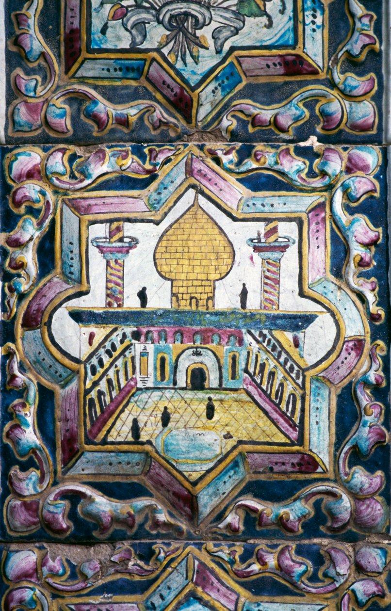 View of mosque, polychrome tile decorations in Tekyeh Mo