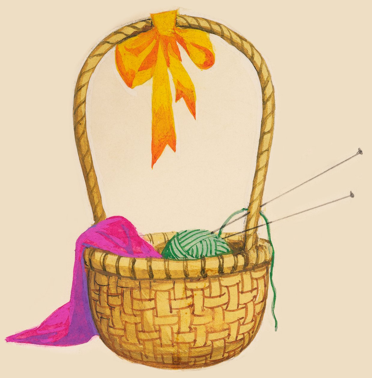Wicker basket containing ball of wool, needles and knitting, drawing بواسطة غير معروف غير معروف