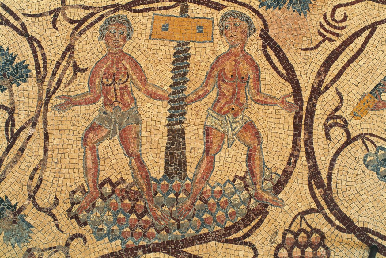 Wine screw-press, detail of floor mosaic with scenes of daily life, Church of Saints Lot and Procopius, Nebo, Khirbet al-Mukhayyat, Jordan, Byzantine civilization, 6th century AD بواسطة غير معروف غير معروف