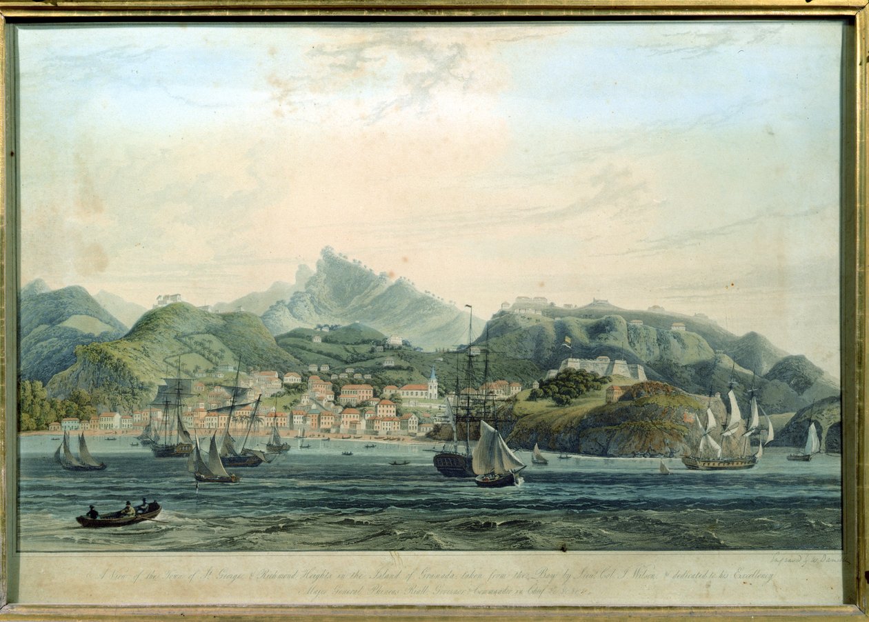 منظر لمدينة سانت جورج ومرتفعات ريتشموند في جزيرة غرينادا ، نقشها ويليام دانييل 1769-1837 ، c.1810 نقش بواسطة المقدم ج.ويلسون