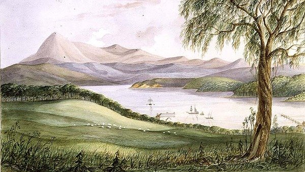 خليج مزدوج ، نيو ساوث ويلز ، حوالي عام 1860 (ألوان مائية) بواسطة الملازم جورج أوستن وودز