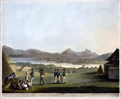 معسكر المدفعية الملكي ، Arcot ، اللوحة 21 من "مشهد رائع في مملكة ميسور" ، نقش بواسطة Harraden ، حانة. بواسطة إدوارد أورم (1774 - 1820) 1804 (أكواتينت) بواسطة الملازم جيمس (بعد) هنتر