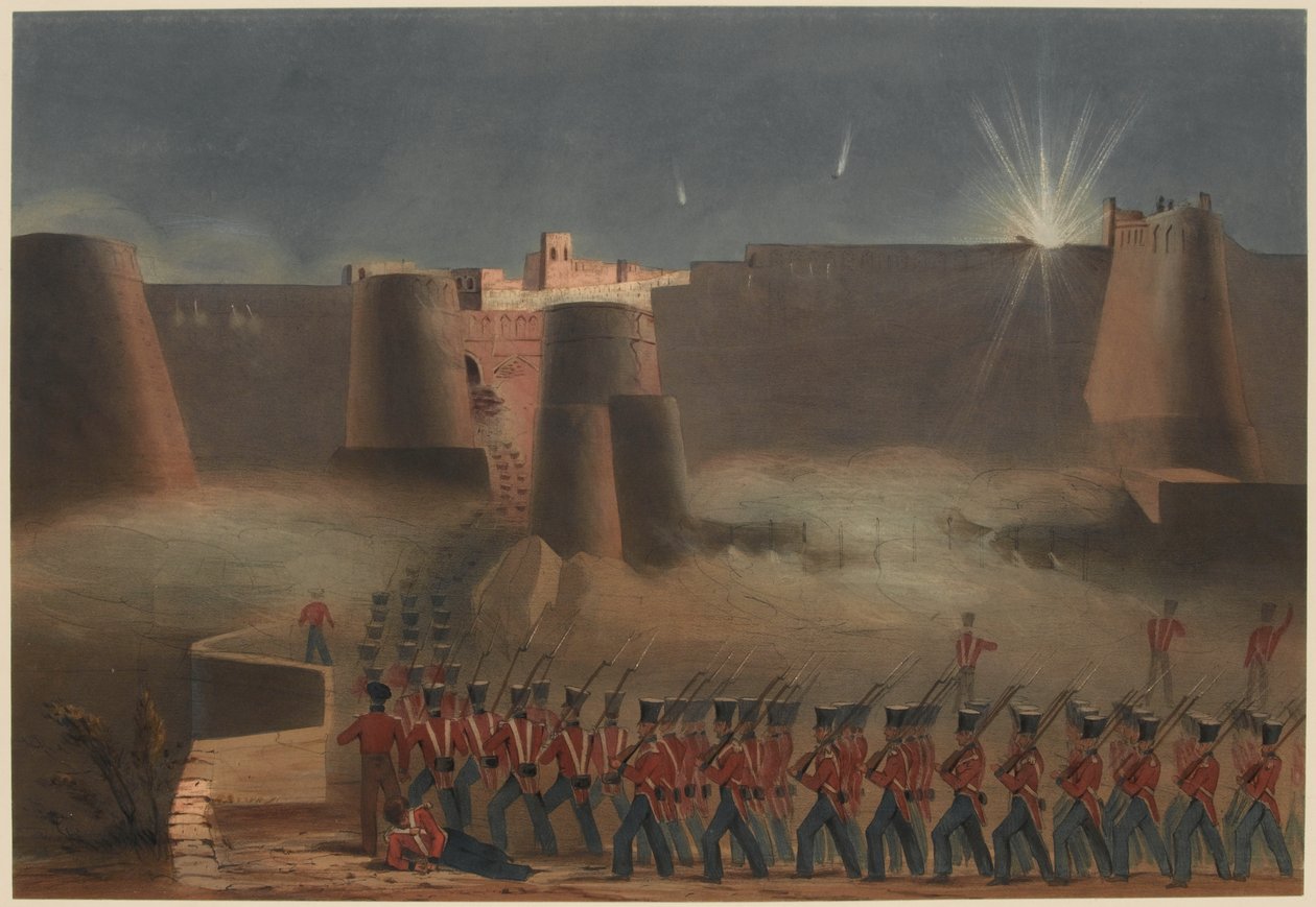 اقتحام غزني. عمود العاصفة الذي يدخل القلعة ، 23 يوليو 1839 (لون الحجر الصخري) بواسطة الملازم توماس (بعد) وينجيت