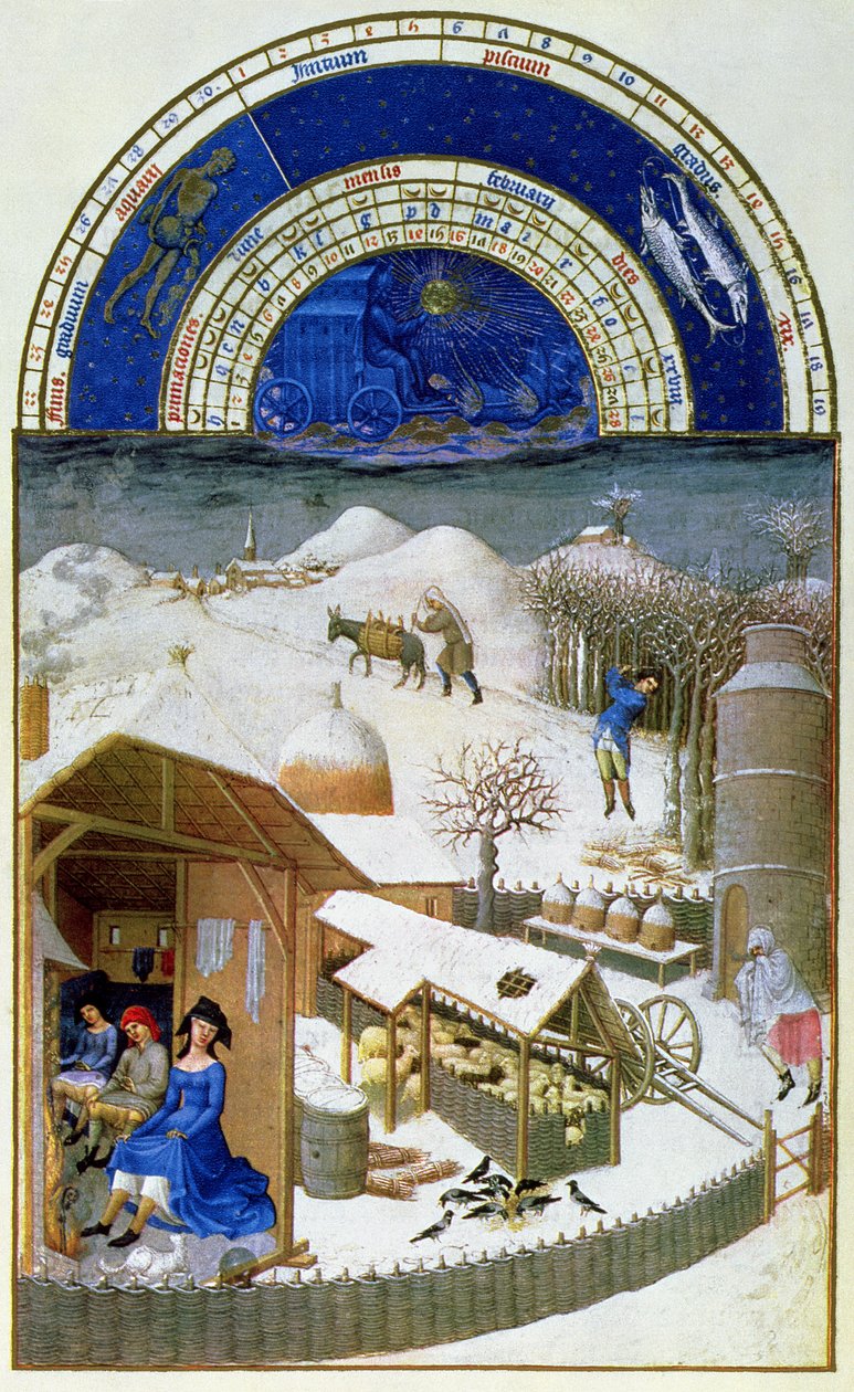 الفاكس لشهر فبراير: مشهد ساحة الفلاحين مع الفلاحين ، تم نسخه من "من" Tres Riches Heures du Duc de Berry "(للأصل انظر 8434) بواسطة ليمبورغ اخوان