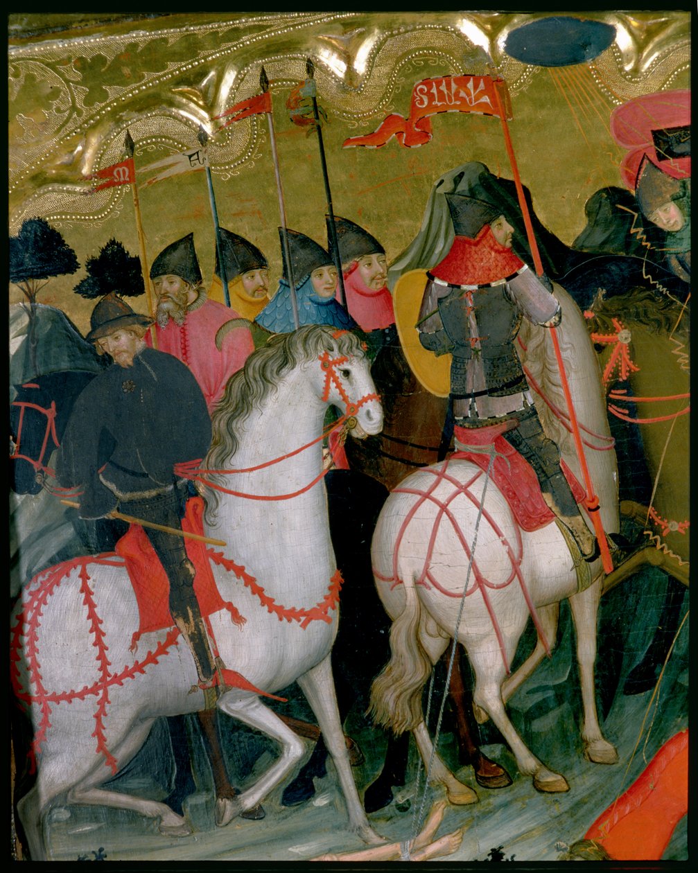 جنود راكبون ، تفاصيل من مذبح العذراء والقديس جورج ، حوالي 1390-1400 (تمبرا على اللوحة) بواسطة لويس Borrassà