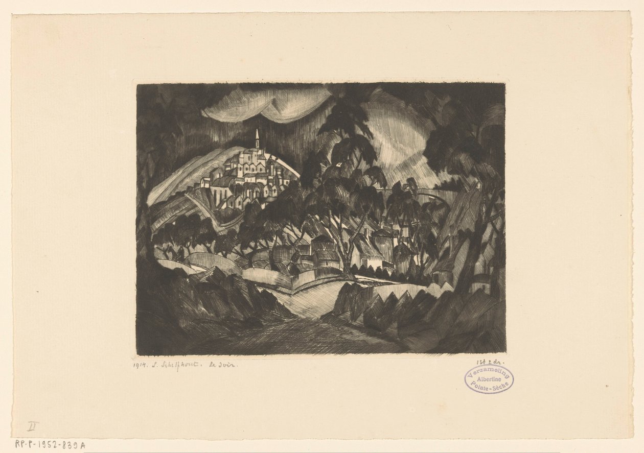 منظر التلال مع الأشجار والمباني Le Soir (العنوان الأصلي على الكائن) بواسطة لوديويجك شلفهوت (توقيع الفنان)