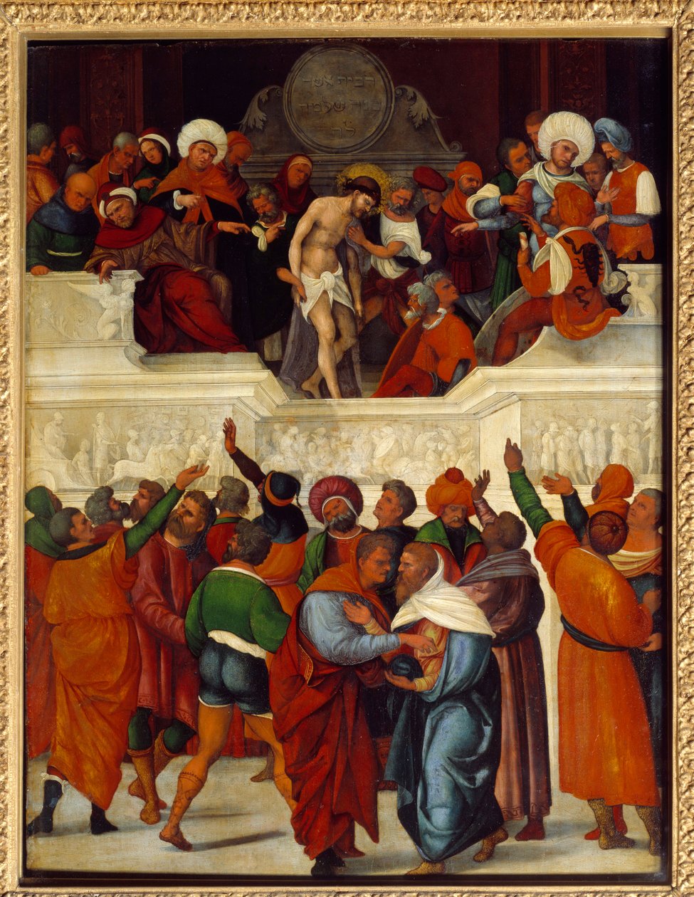 مثلي الجنس Ecce (هنا هو الرجل) (التعبير الذي استخدمه بيلاطس البنطي (بيلاطس البنطي) في ترجمة Vulgate من إنجيل يوحنا (19: 5) عندما قدم يسوع للجمهور المكسور وتاج الشوك). لوحة خشبية للودوفيكو مازولينو (حوالي 1480-حول بواسطة لودوفيكو مازولينو