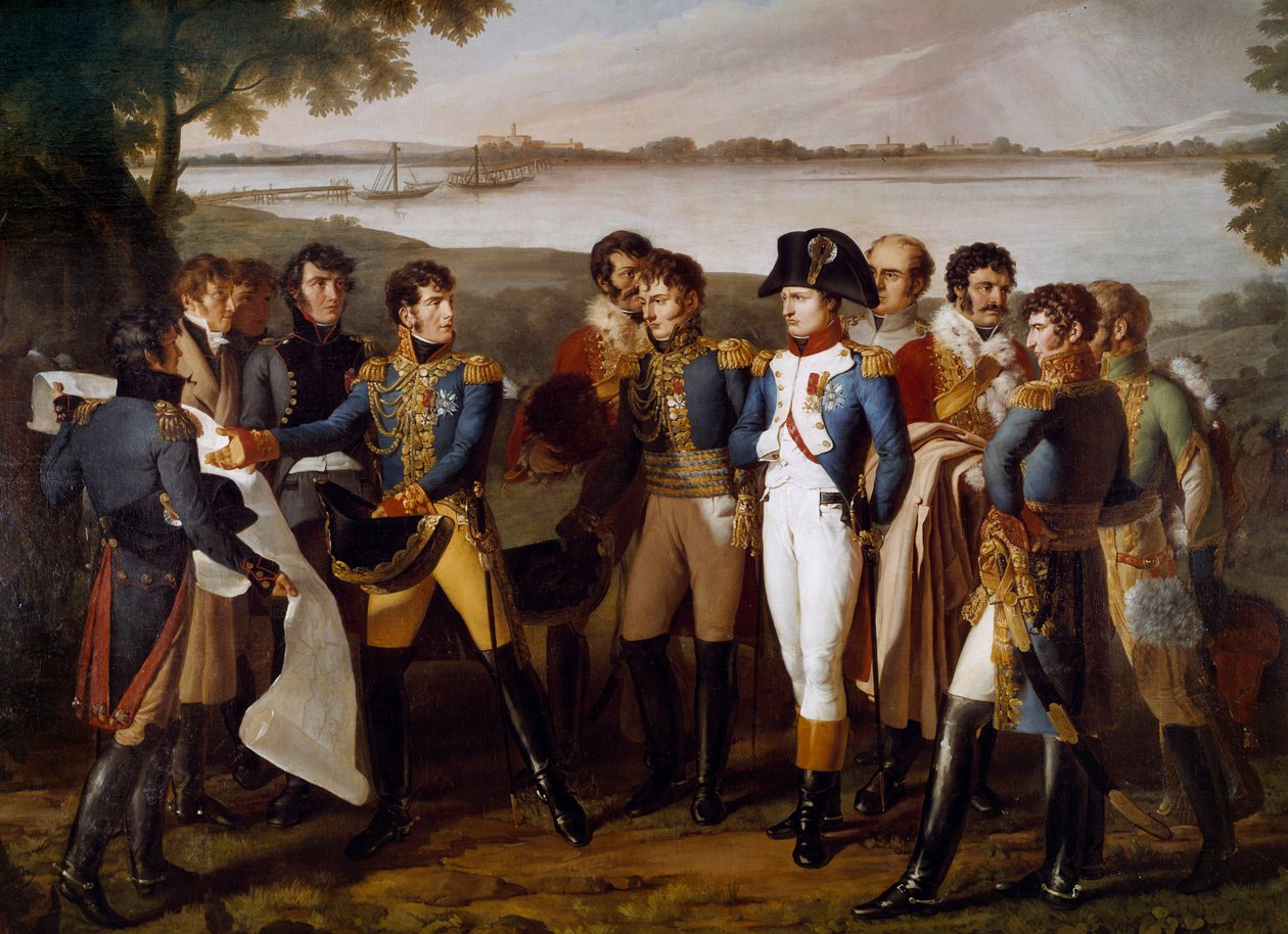 أمر نابليون الأول بوضع جسر فوق نهر الدانوب في Ebersdorf في 19 مايو 1809. يقدم الجنرال Henri Gatien Bertrand (1773-1844) خطط الجسر للمرور عبر جزيرة Lobau "التفاصيل". لوحة لودوفيكو فينوتي (نشط بين 1799-1810) بواسطة لودوفيكو فينوتي
