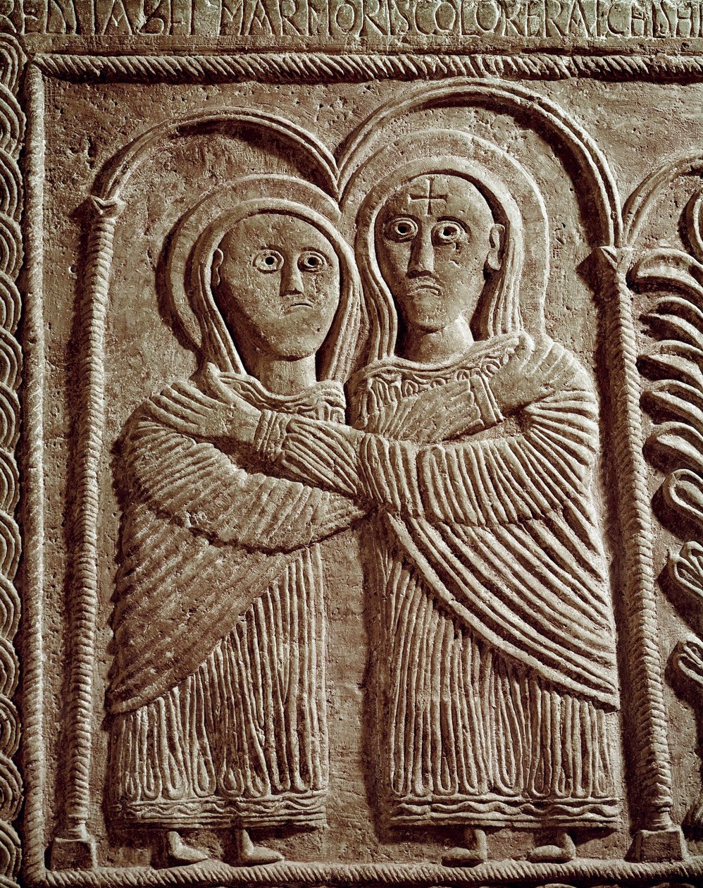 علم آثار العصور الوسطى (العصور الوسطى). الفن البربري في لومباردي: زيارة ، القديسة إليزابيث والقديسة مريم. النحت ، الفن اللومباردي ، 737-744. Cividale del Friuli ، متحف Chretien ، كنز الكاتدرائية بواسطة مدرسة لومبارد