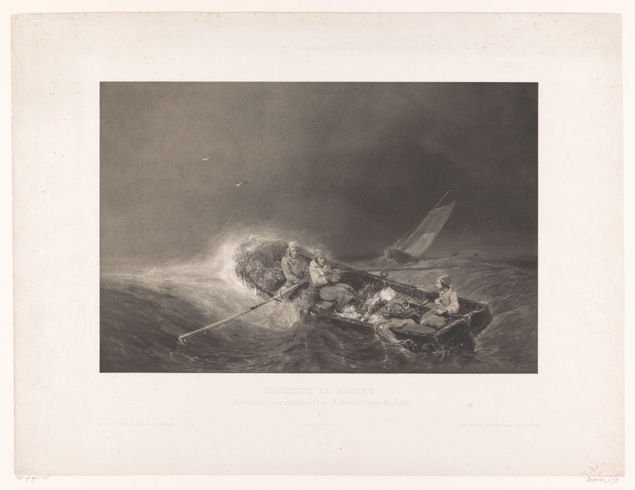 Vissers in een roeiboot op zee البحرية Gezichten (عنوان السلسلة) اللوحات البحرية. طبعت بالحجر في الميزوتنت من قبل L. Sabatier بعد Eug. Isabey (عنوان المسلسل على الكائن) بواسطة ليون جان بابتيست ساباتير
