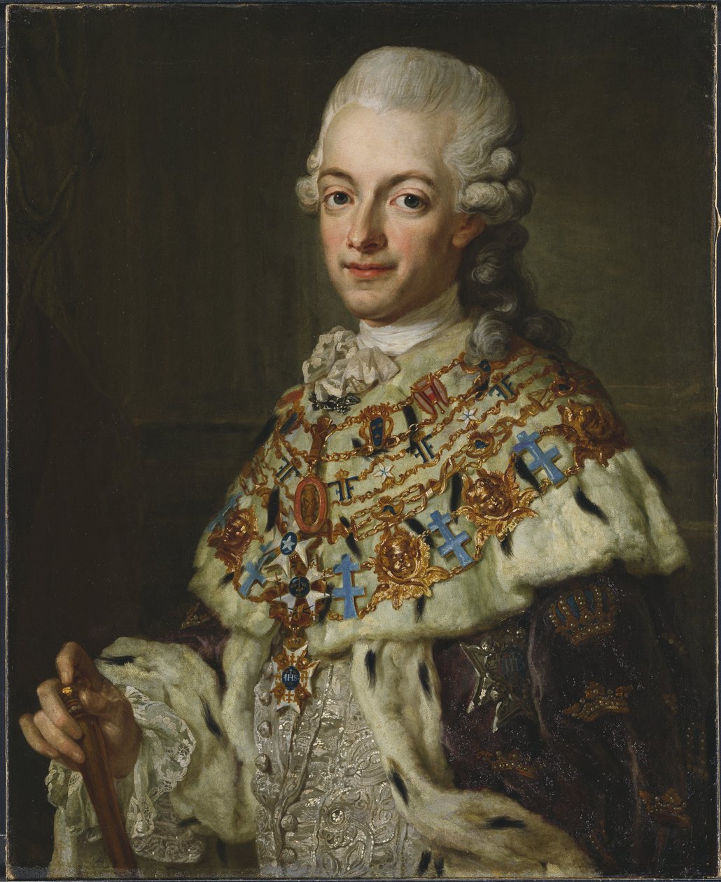غوستاف الثالث دي سويدي - صورة لملك السويد جوستاف الثالث (1746-1792) ، رسمها باش ، لورينز ، الأصغر (1733-1805). زيت على قماش ، حوالي 1773 ، الأبعاد: 77 × 62 سم. المتحف الوطني ستوكهولم بواسطة لورينس الأصغر باش