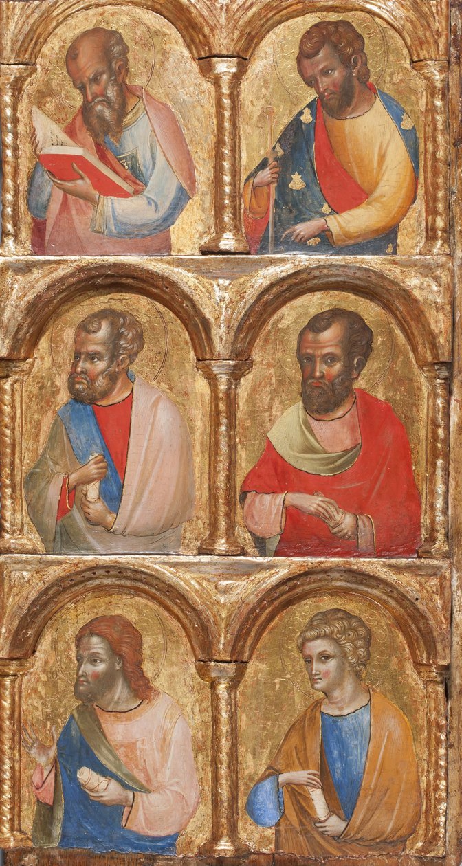 تفاصيل مادونا والطفل مع الملائكة ، والصلب ، واثني عشر من الرسل أو القديسين ، c.1360 تمبرا على اللوحة بواسطة لورينزو فينيزيانو