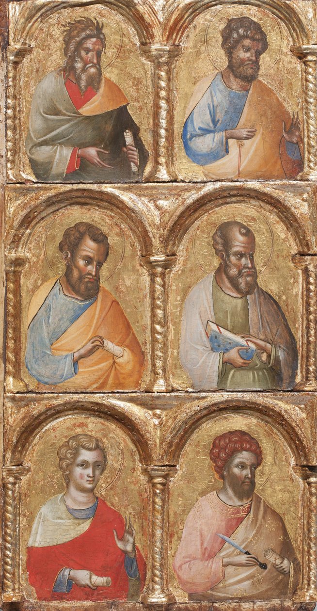تفاصيل مادونا والطفل مع الملائكة ، والصلب ، واثني عشر من الرسل أو القديسين ، c.1360 تمبرا على اللوحة بواسطة لورينزو فينيزيانو