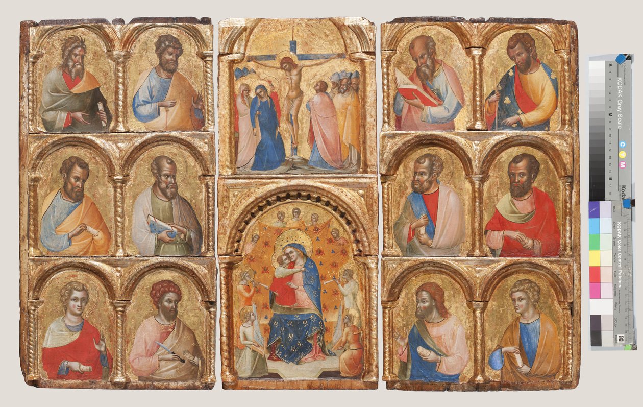 مادونا والطفل مع الملائكة ، والصلب ، واثنا عشر من الرسل أو القديسين ، c.1360 تمبرا على اللوحة بواسطة لورينزو فينيزيانو