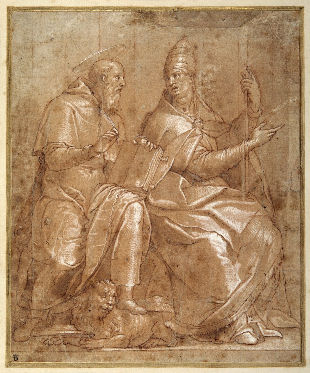 St Jerome conversing with St Gregory the Great (pen & brown ink with reddish brown wash and heightening) بواسطة لورنزو (1530 76) ساباتيني