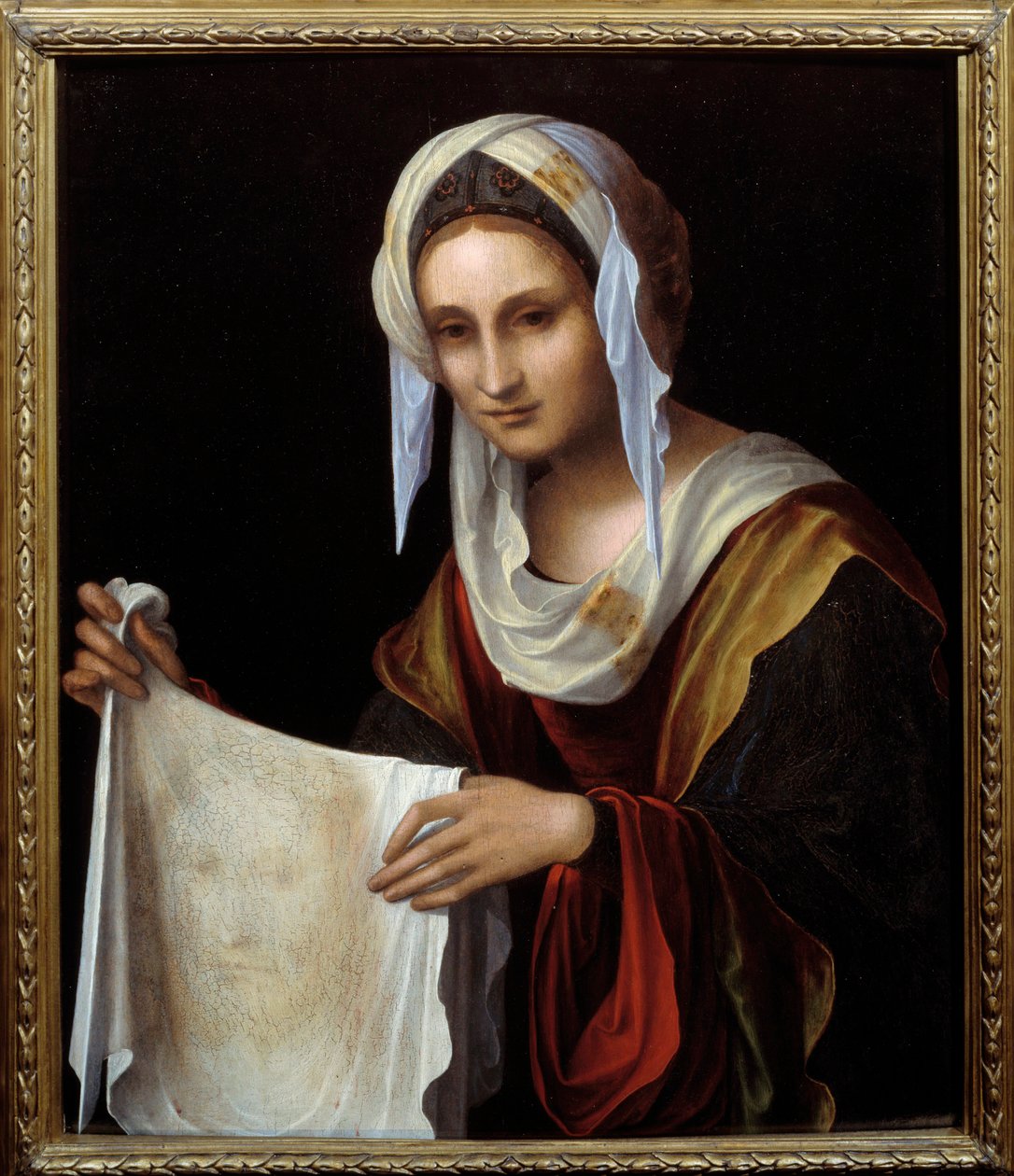 Saint Veronica. The Holy Veil represents the face of Christ whose sweat Veronique was said to have been sweaty during the climb to Calvary. Painting by Lorenzo Costa (1460-1535) Sun. 0,64x0,54 m بواسطة لورنزو كوستا