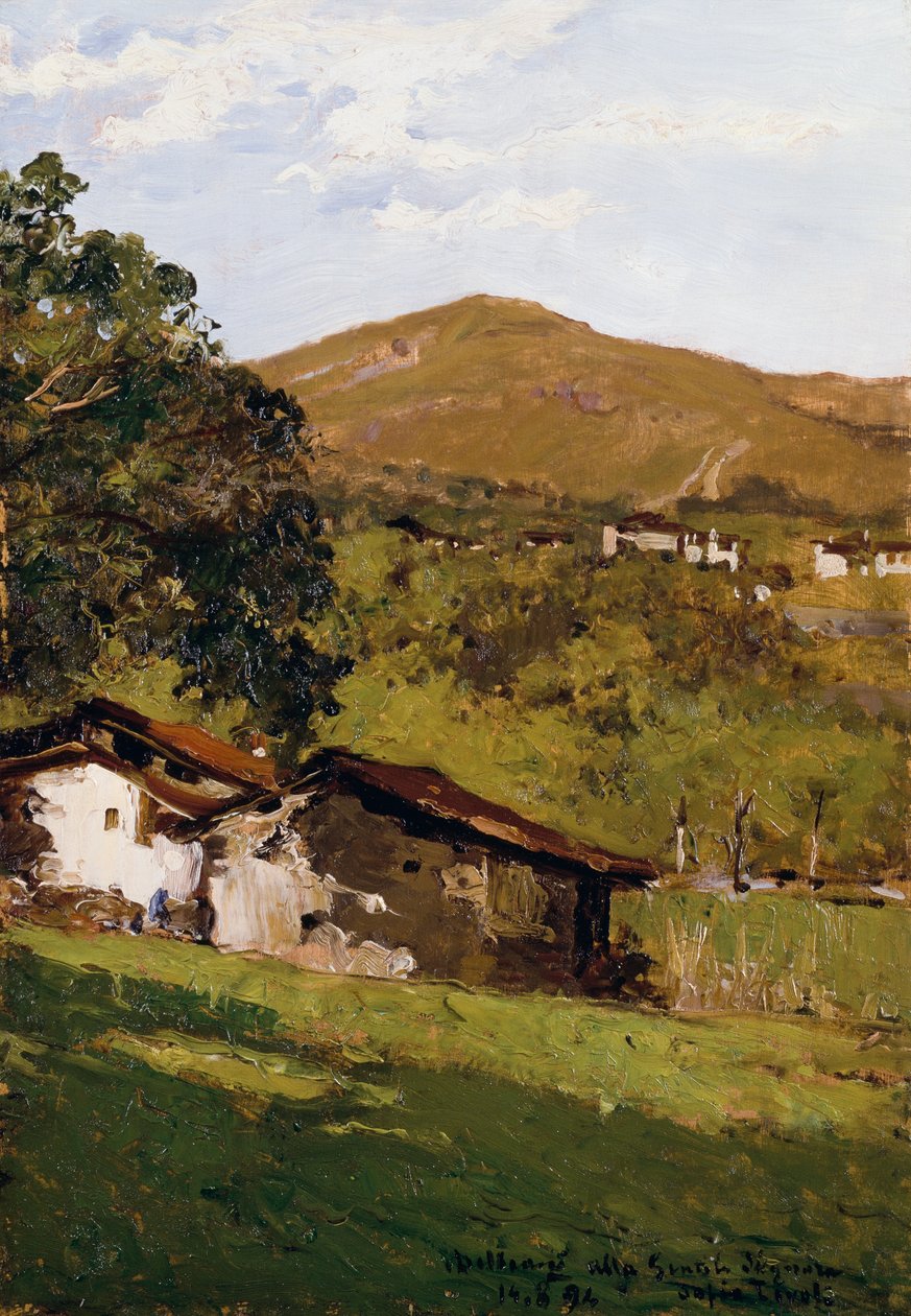 بيوت المزارع بين المساحات الخضراء (Pre-Alps of Biella) ، بواسطة Lorenzo Delleani (1840-1908) ، زيت على لوح ، 44.9x30.7 سم بواسطة Lorenzo Delleani