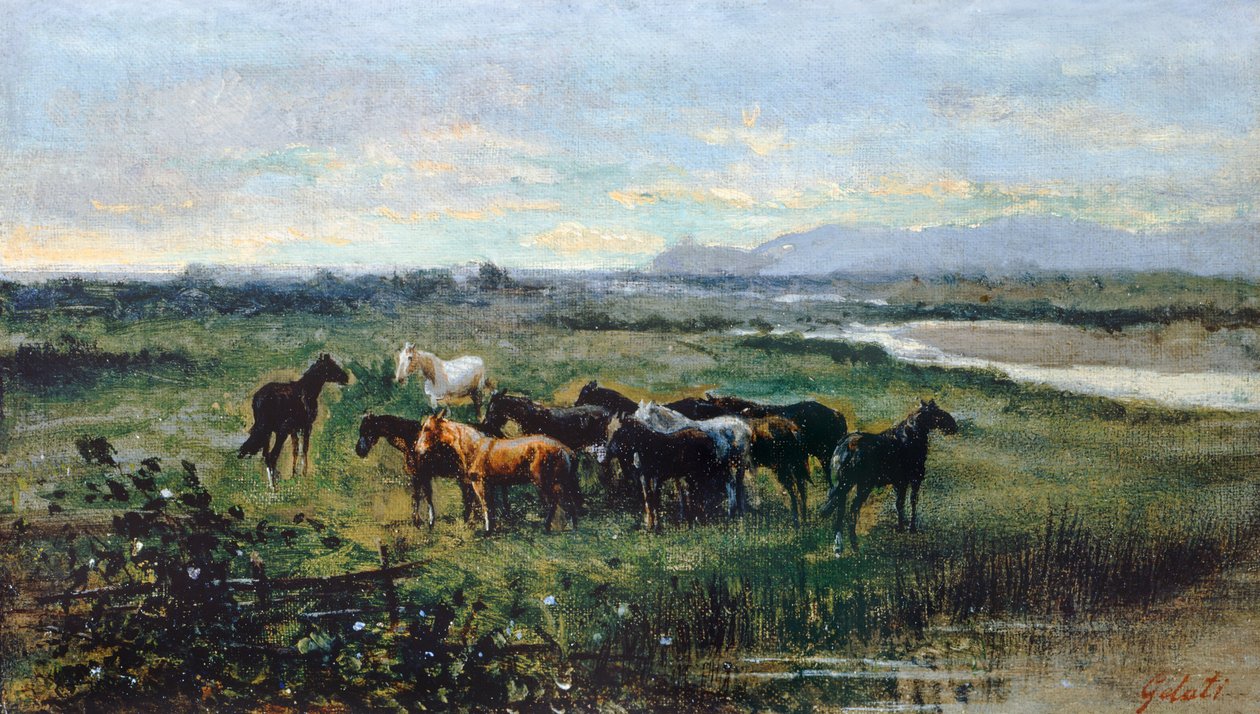 الخيول البرية ، حوالي عام 1870 ، بواسطة لورنزو جيلاتي (1824-1893) ، زيت على قماش منقوش على لوح ، 21 × 37 سم بواسطة لورنزو جيلاتي