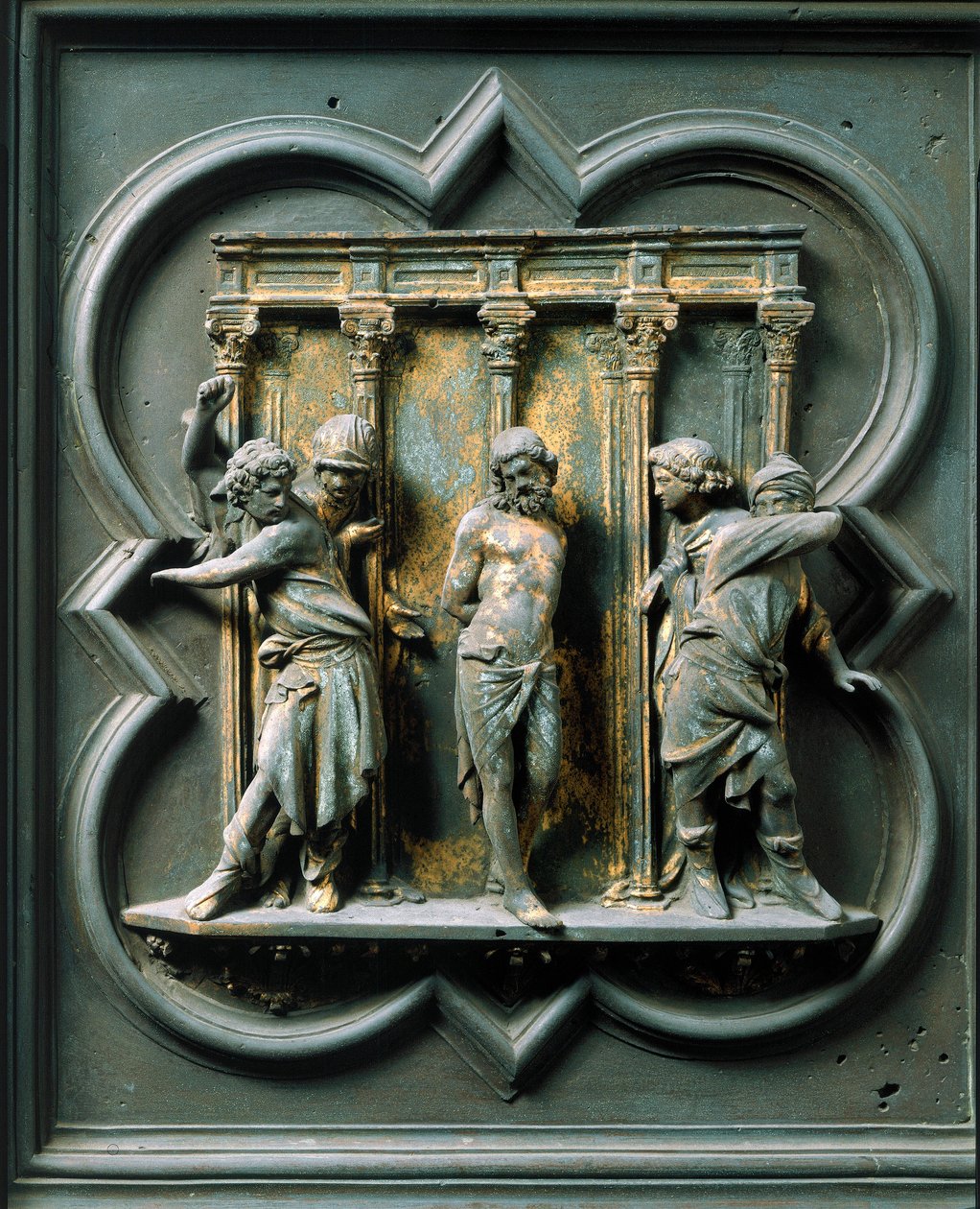 شمال بورت (يُدعى Porte de la Croix ، في الشمال) ، التفاصيل الخارجية: "" la flagellation "" منحوتة برونزية من صنع Lorenzo Ghiberti (1378-1455) بواسطة لورينزو غيبرتي