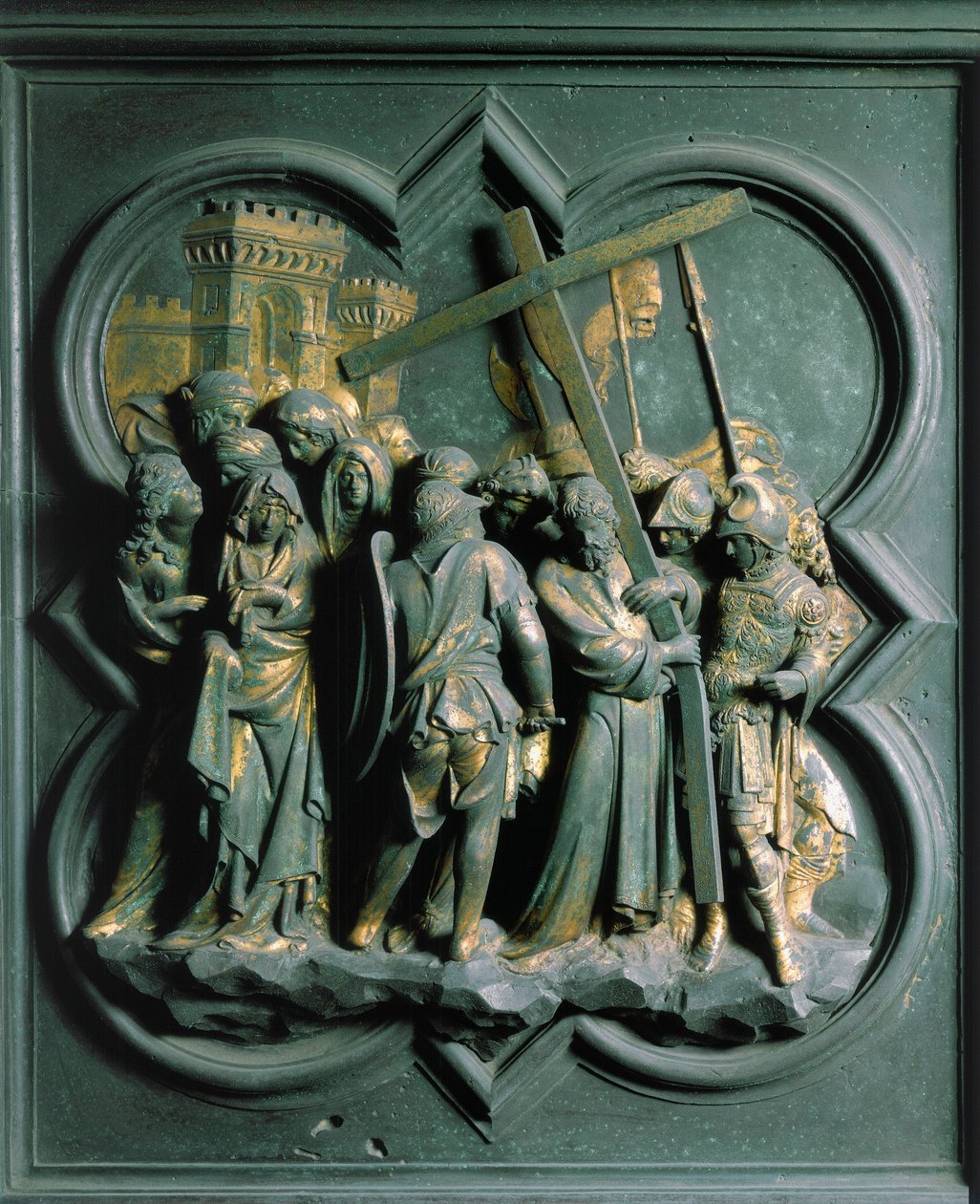 Porte Nord (يسمى Porte de la Croix ، في الشمال) ، التفاصيل الخارجية: "Montee to Calvary" منحوتة برونزية من صنع Lorenzo Ghiberti (1378-1455) بواسطة لورينزو غيبرتي