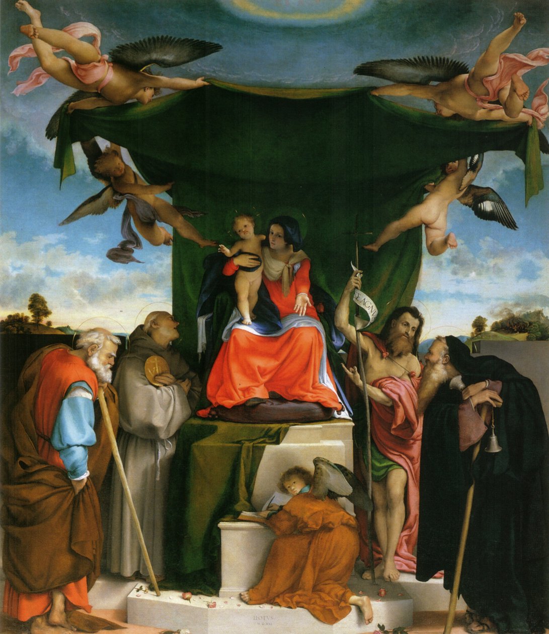 بالألمانية: Thronende Madonna, Engel und Heilige Madonna متوجة مع الطفل والملائكة والقديسين بواسطة لورينزو لوتو