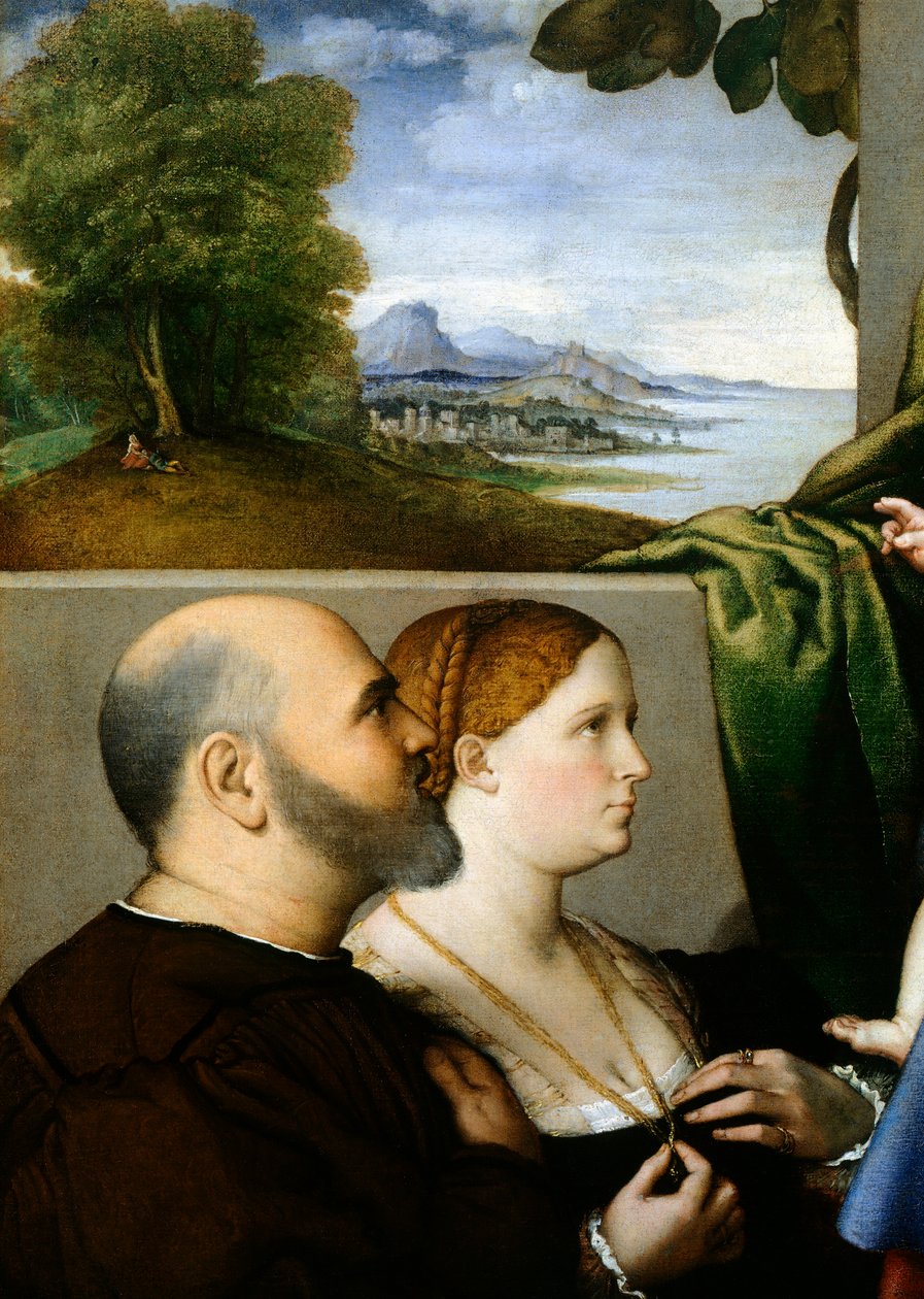مادونا والطفل مع اثنين من المتبرعين ، بقلم لورينزو لوتو (1480 كاليفورنيا - 1556) ، زيت على قماش ، 857 × 1155 سم ، التفاصيل بواسطة لورينزو لوتو