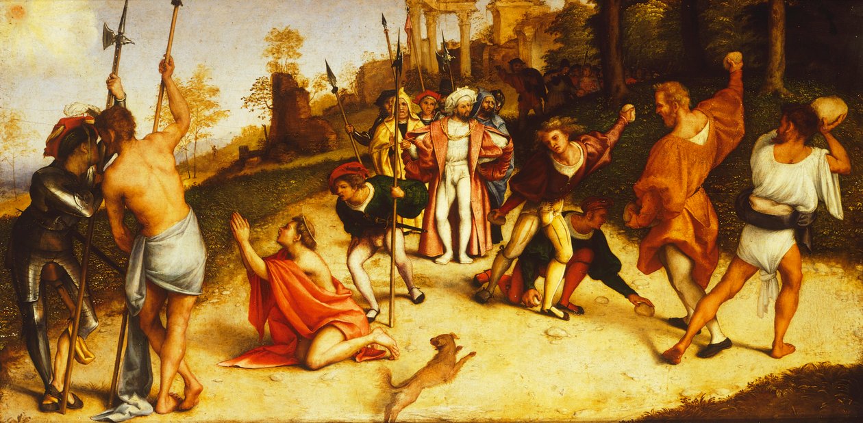 استشهاد القديس ستيفن ، تقسيم مارتينينجو مذبح لورنزو لوتو (1480 حوالي 1556) ، زيت على لوح ، 51 × 97 سم ، حوالي 1516 بواسطة لورينزو لوتو
